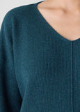 close up front view of plus size Eileen Fisher Italian Cashmere V Neck Sweater with Front Seam detail in Alpine