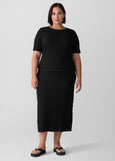 front view on plus model of the plus size Eileen Fisher Bubble Texture Crew Neck Snug Top in Black