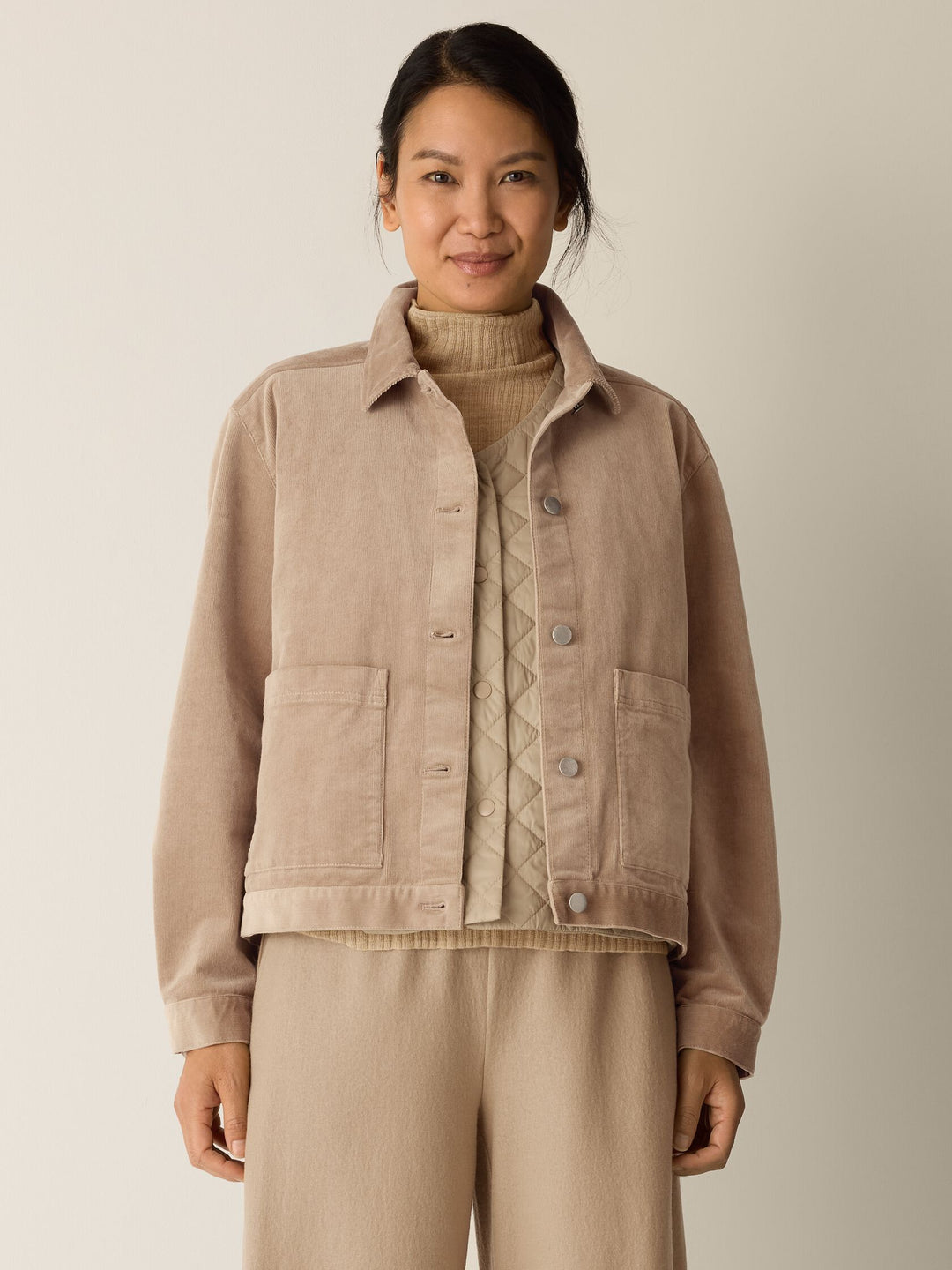 Eileen Fisher Cotton Str. Corduroy Classic Collar Jacket in Biscuit