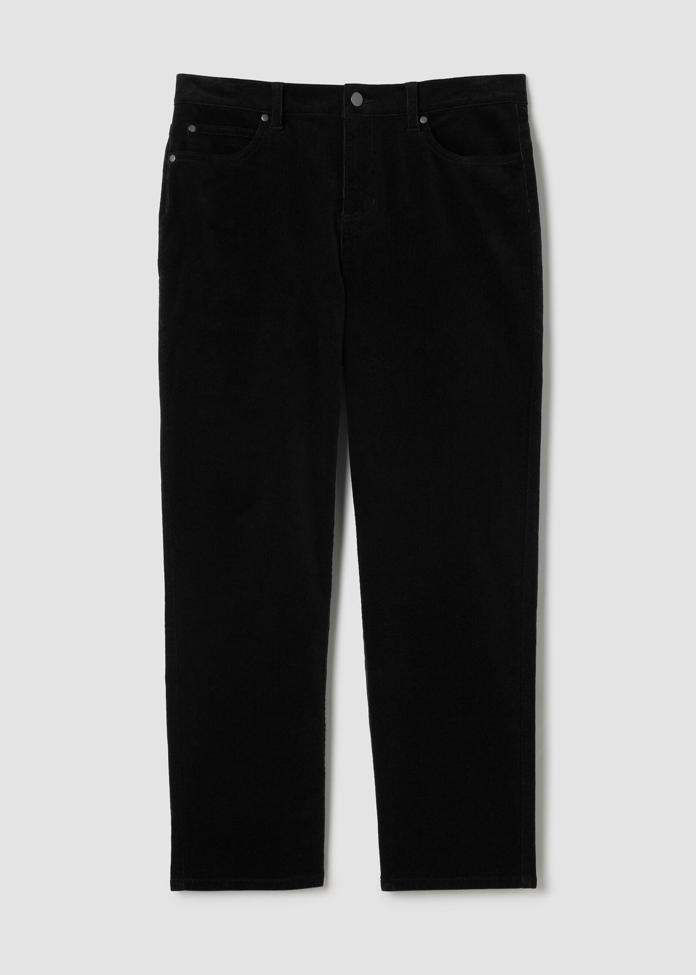 front view of plus size Eileen Fisher Cotton Str. Corduroy High Waisted Straight Ankle Jean in Black