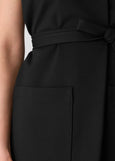 close up front view of plus size Eileen Fisher Washable Flex Ponte High Collar Long Vest in Black