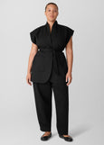 front view of plus size Eileen Fisher Washable Flex Ponte High Collar Long Vest in Black