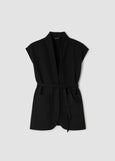 front view of plus size Eileen Fisher Washable Flex Ponte High Collar Long Vest in Black