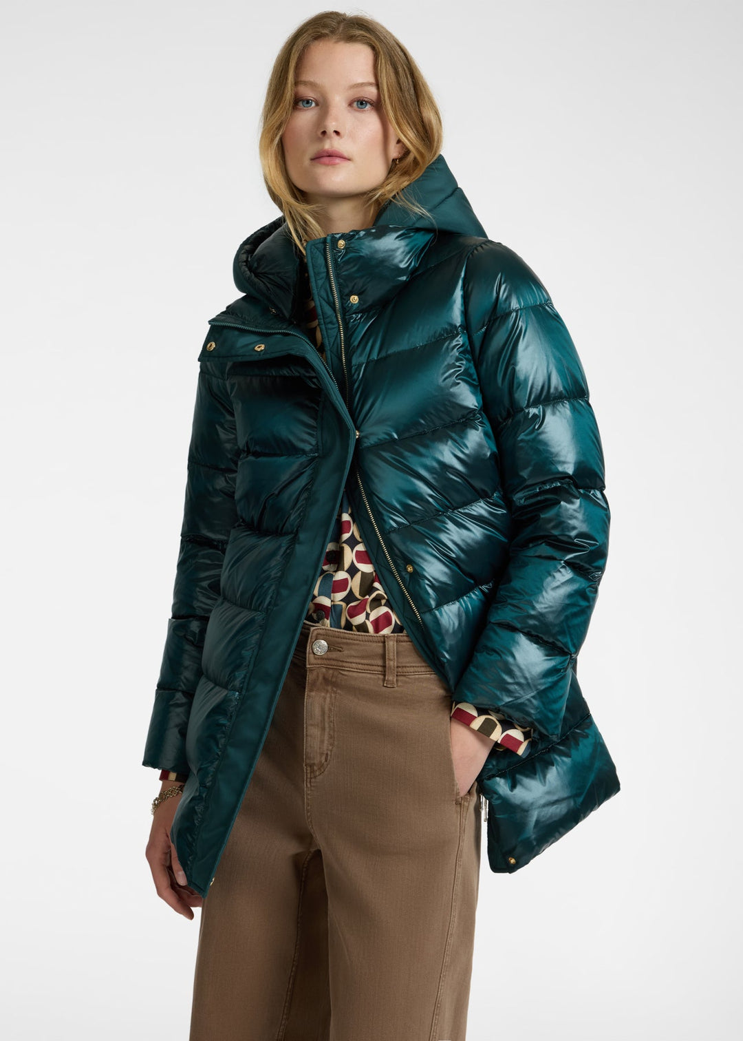 front view of plus size Elena Miro Nylon puffer Jacket in Laurel