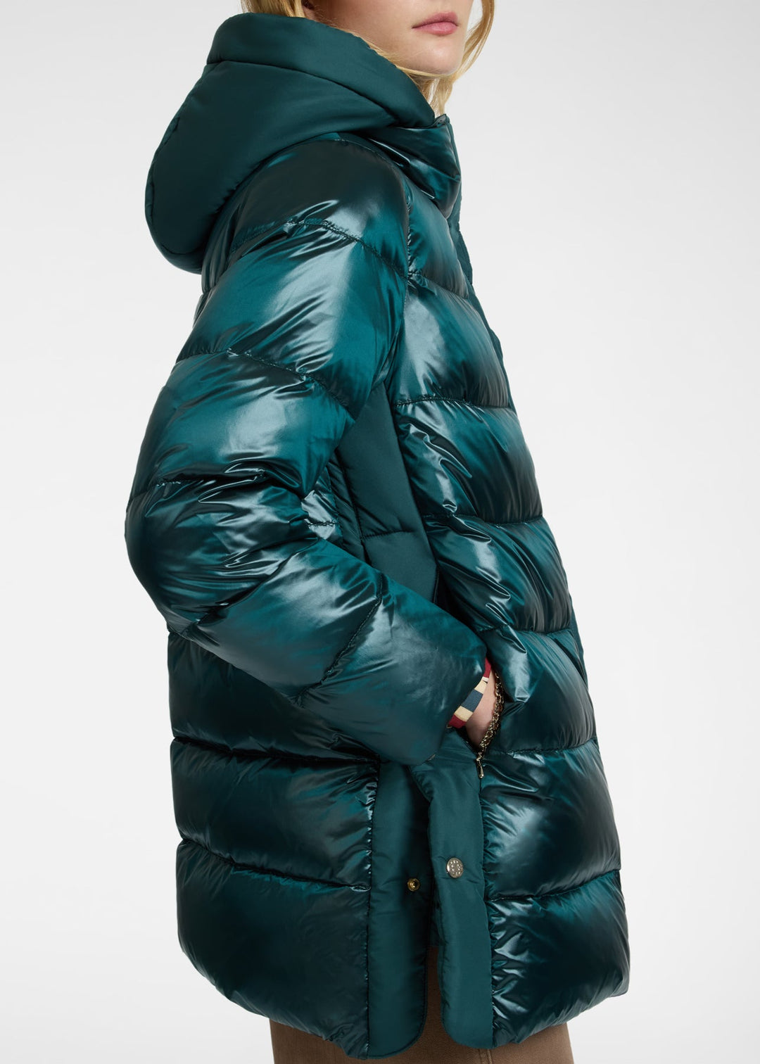 side view of plus size Elena Miro Nylon puffer Jacket in Laurel