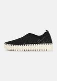 side view of Ilse Jacobsen Slip On Platform Laser cut Pattern Shoe in Black