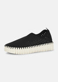 side view of Ilse Jacobsen Slip On Platform Laser cut Pattern Shoe in Black