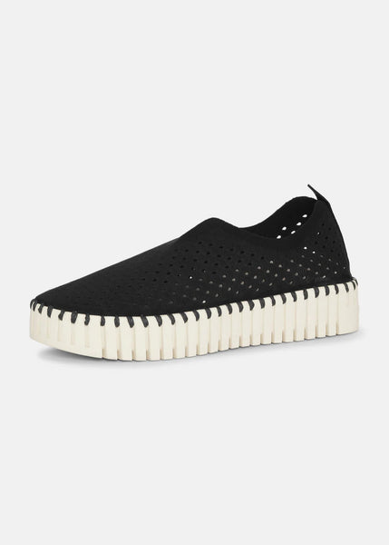 side view of Ilse Jacobsen Slip On Platform Laser cut Pattern Shoe in Black