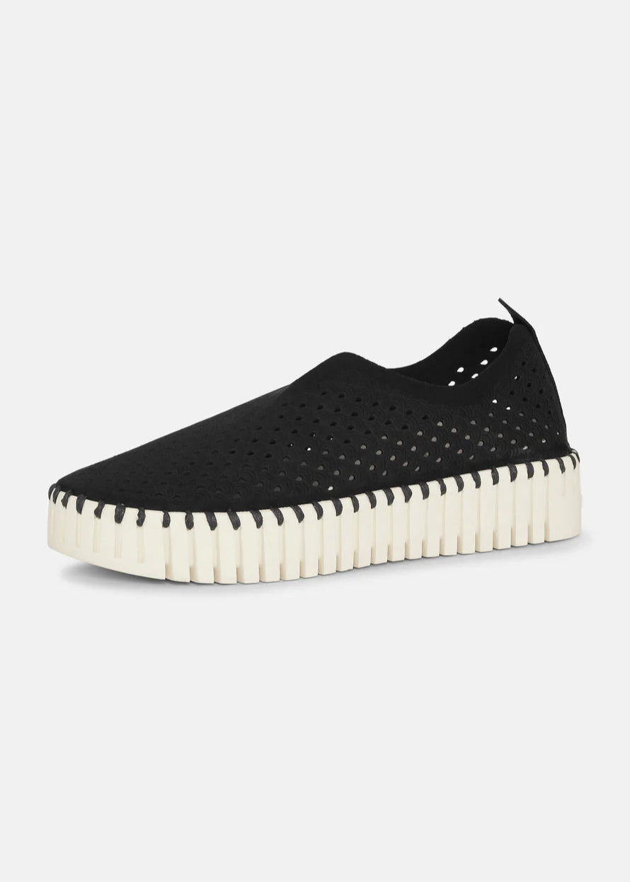 side view of Ilse Jacobsen Slip On Platform Laser cut Pattern Shoe in Black