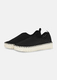 side view of Ilse Jacobsen Slip On Platform Laser cut Pattern Shoe in Black
