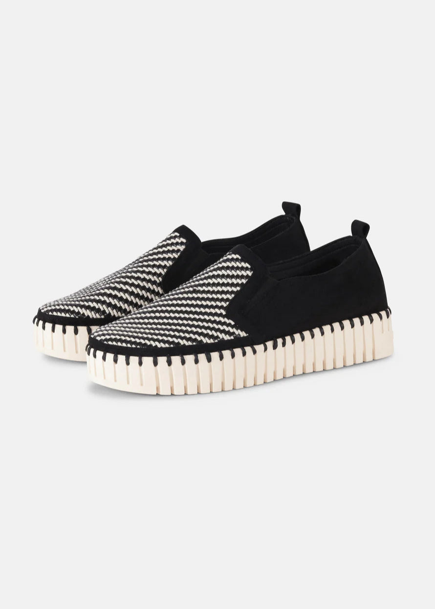 side view of Ilse Jacobsen Tulip Slip on Mixed Textile Platform in Black/White