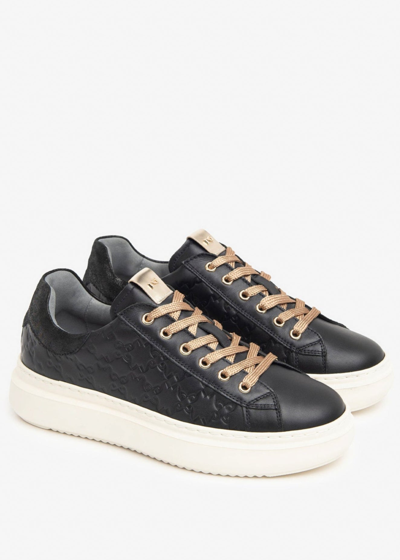 Nero Giardini Lace Up Leather Embossed Runner in Black
