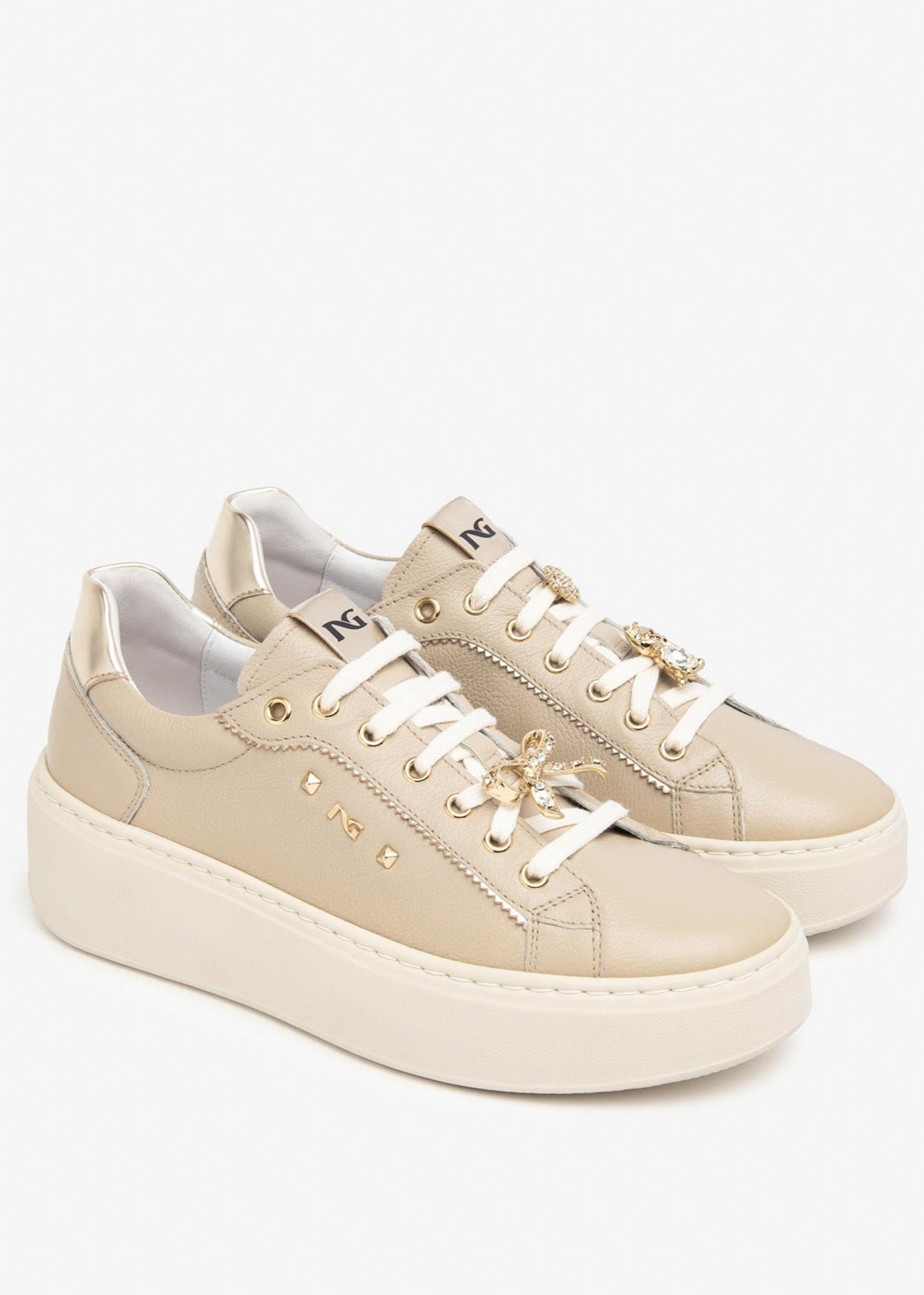 Nero Giardini Lace Up Leather Runner with Jewels in Beige
