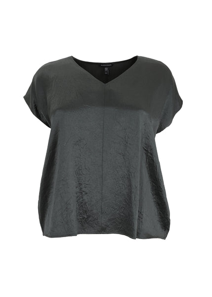 Eileen Fisher Textured Satin V-Neck Square Top in Everglade