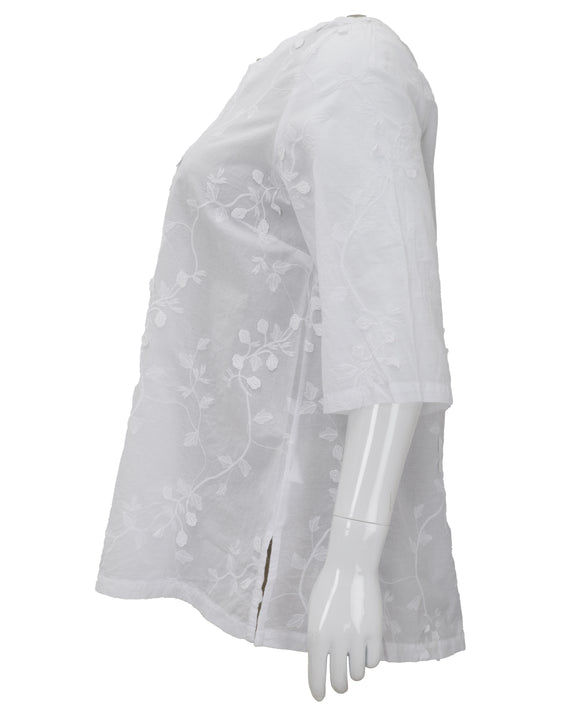 Toni T. Cotton Embroidered Three Quarter Sleeve Tunic With Slit Neckline in White