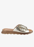 Tyche Monroe Genuine Leather Flat Sandal with Buckle in Metallic Gold