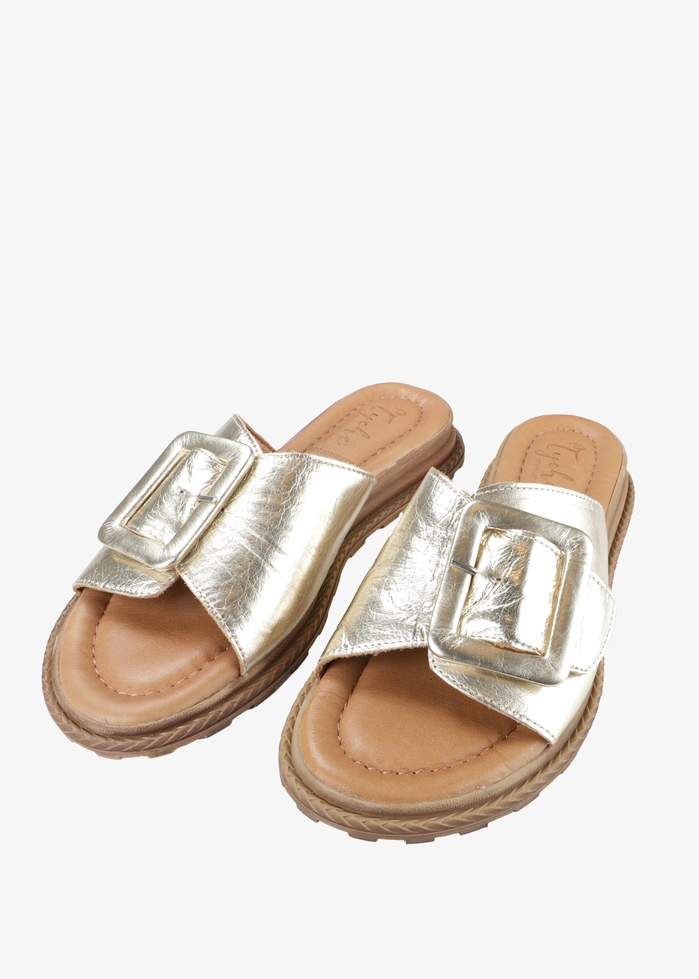Tyche Monroe Genuine Leather Flat Sandal with Buckle in Metallic Gold