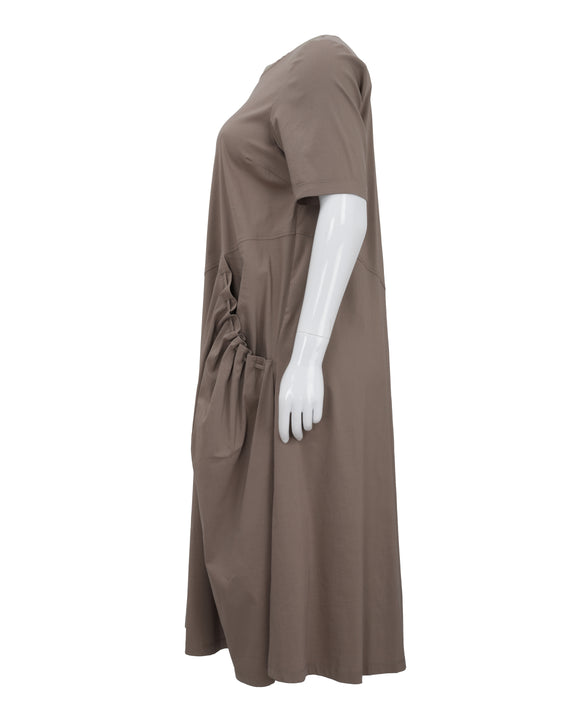 Toni T. Stretch Poplin A-Line Dress with Asymmetrical Seam and Gathered Pocket in Khaki