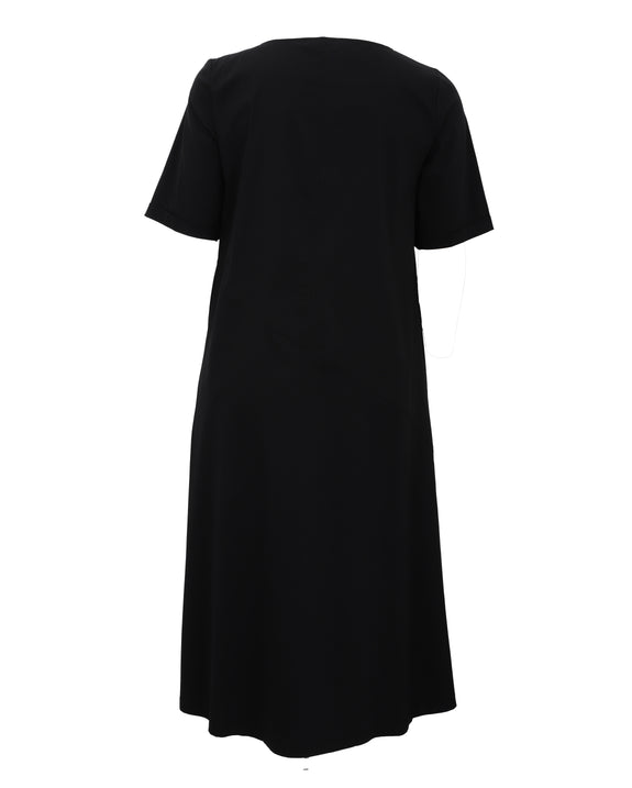 Toni T. Stretch Poplin A-Line Dress with Asymmetrical Seam and Gathered Pocket in Black