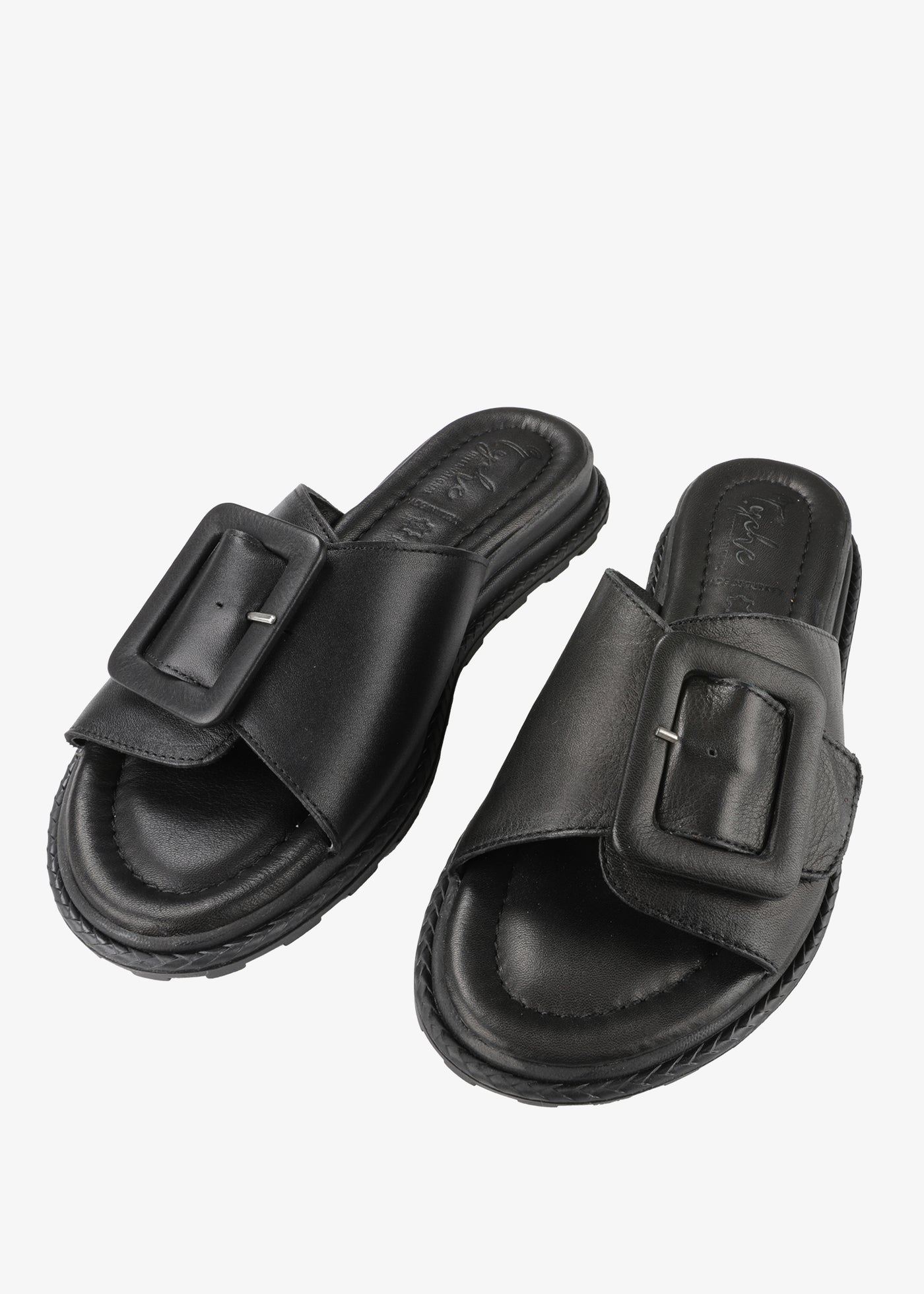 Tyche Monroe Genuine Leather Flat Sandal with Buckle in Black