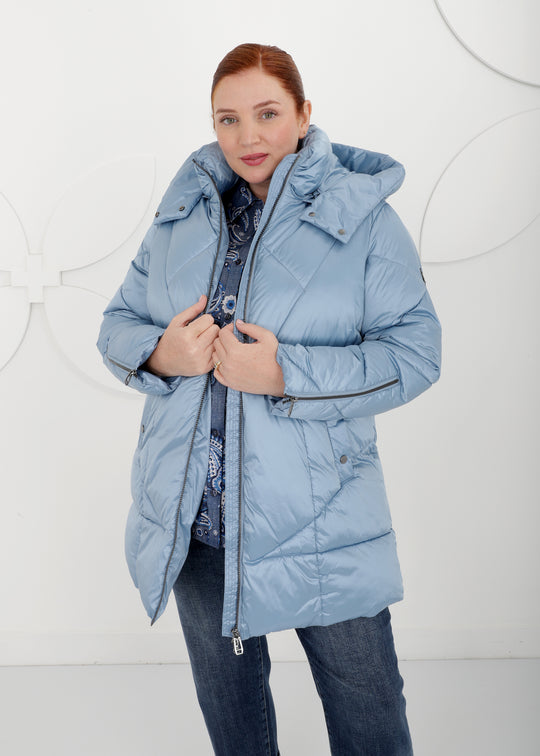 Frandsen Hooded New Quilt Puffer with Zip Front and Sleeve Detail Detachable Hood in Steel Blue