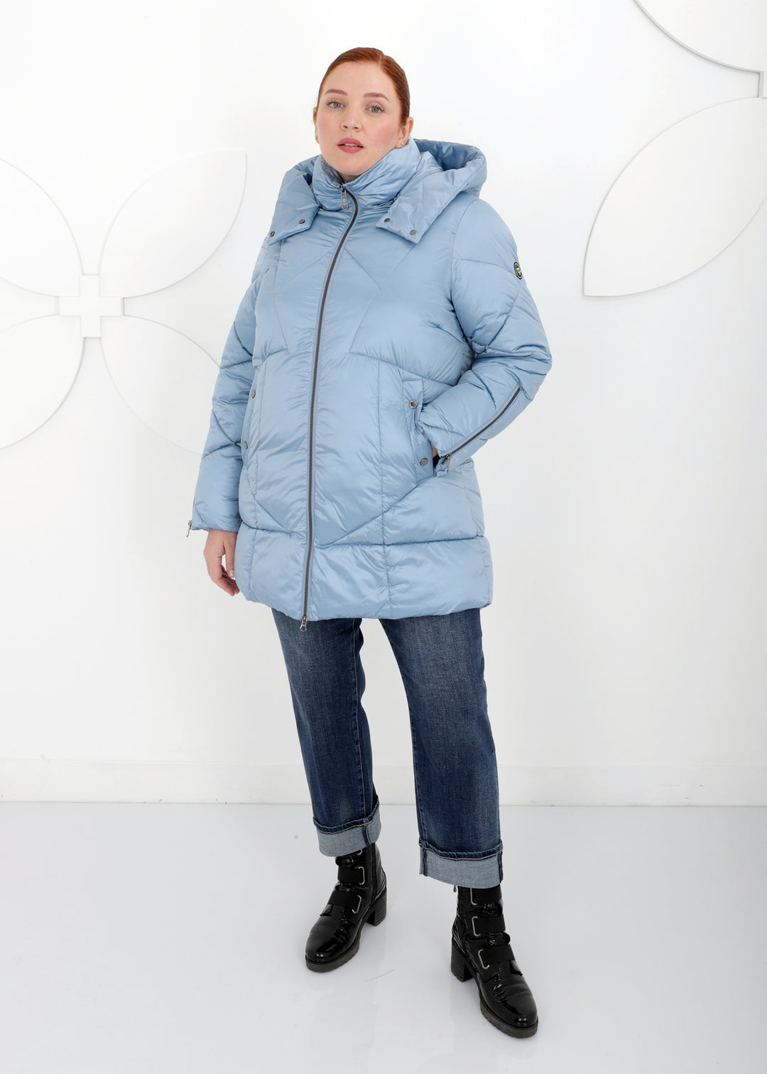 Frandsen Hooded New Quilt Puffer with Zip Front and Sleeve Detail Detachable Hood in Steel Blue
