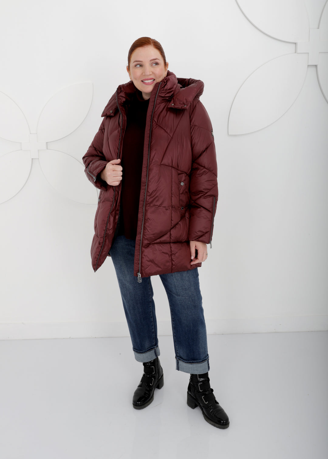 Frandsen Hooded New Quilt Puffer with Zip Front and Sleeve Detail Detachable Hood in Merlot