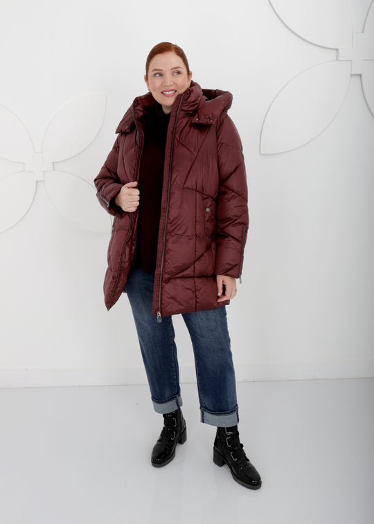 Frandsen Hooded New Quilt Puffer with Zip Front and Sleeve Detail Detachable Hood in Merlot