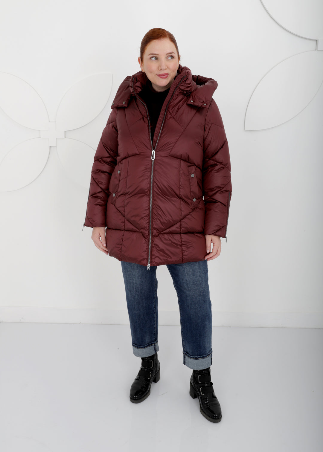 Frandsen Hooded New Quilt Puffer with Zip Front and Sleeve Detail Detachable Hood in Merlot