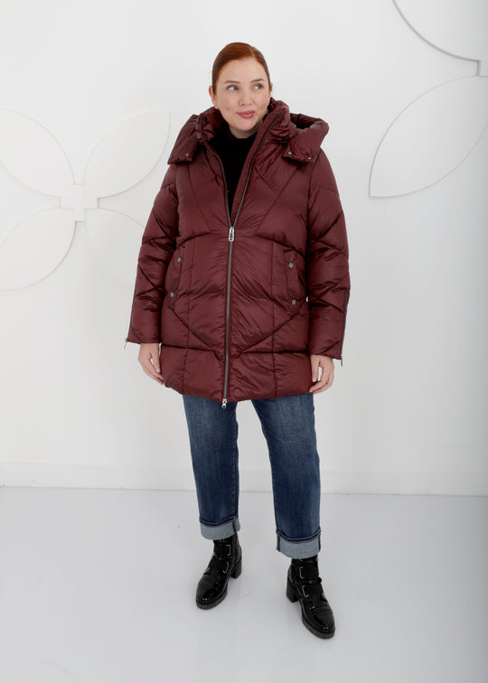 Frandsen Hooded New Quilt Puffer with Zip Front and Sleeve Detail Detachable Hood in Merlot