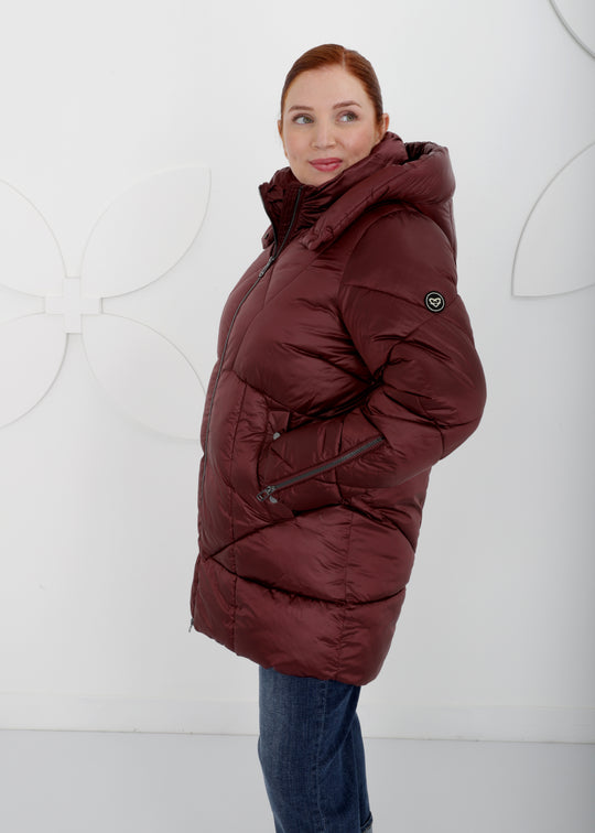Frandsen Hooded New Quilt Puffer with Zip Front and Sleeve Detail Detachable Hood in Merlot