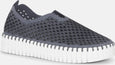 side view of Ilse Jacobsen Slip On Platform Laser cut Pattern Shoe in Blue Grey