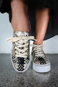 front view of MInx Kellie Multi Metallic Woven with Beige Laces on model