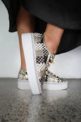 side view of MInx Kellie Multi Metallic Woven with Beige Laces on model