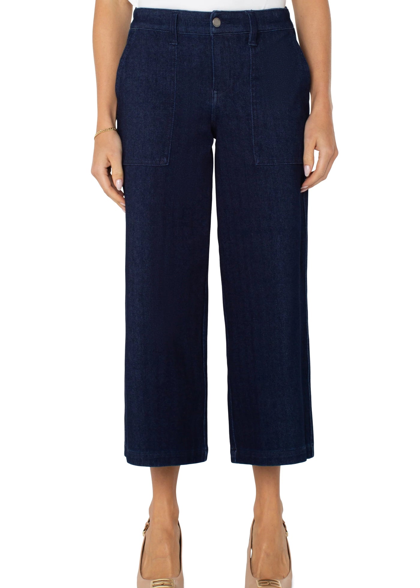 Front view of Liverpool Wide Leg Cargo Jean in Indigo Rinse in plus sizes