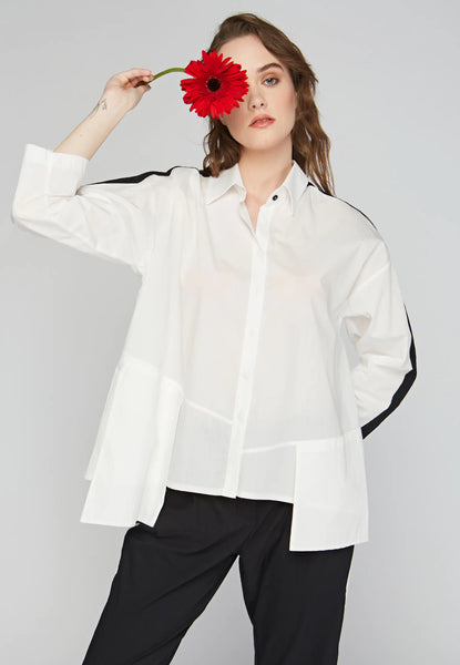 Luukaa Cotton Button Front Shirt with Staggered Hem and Stripe on Sleeve with Paint Motif Back