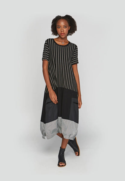 Luukaa Mix Media & Stripe Short Sleeve Long Dress with Taffeta Trim