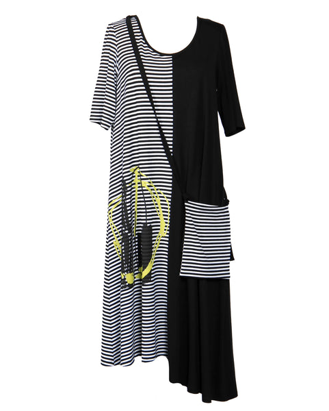 Luukaa Mix Media & Stripe Short Sleeve Blocked Jersey Dress with Abstract Art Detail and Pouch