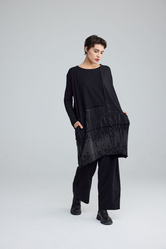 Luukaa Branch Print Jersey knit Tunic Top in ink Black