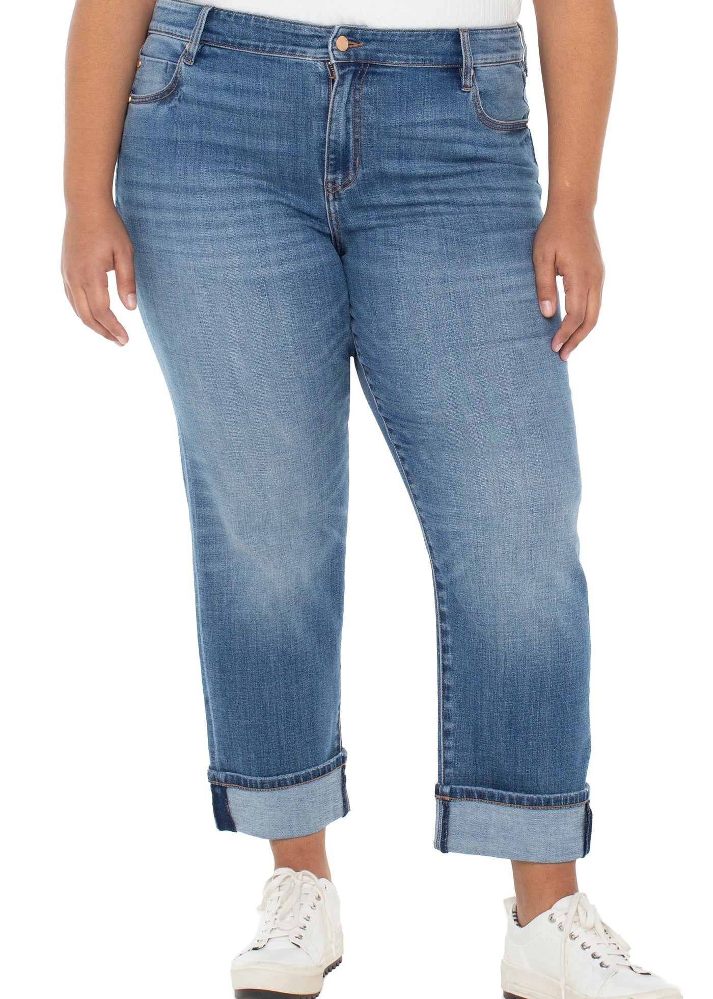 front view of plus size Liverpool Marley Girlfriend Campus Light Wash Jean in Campus