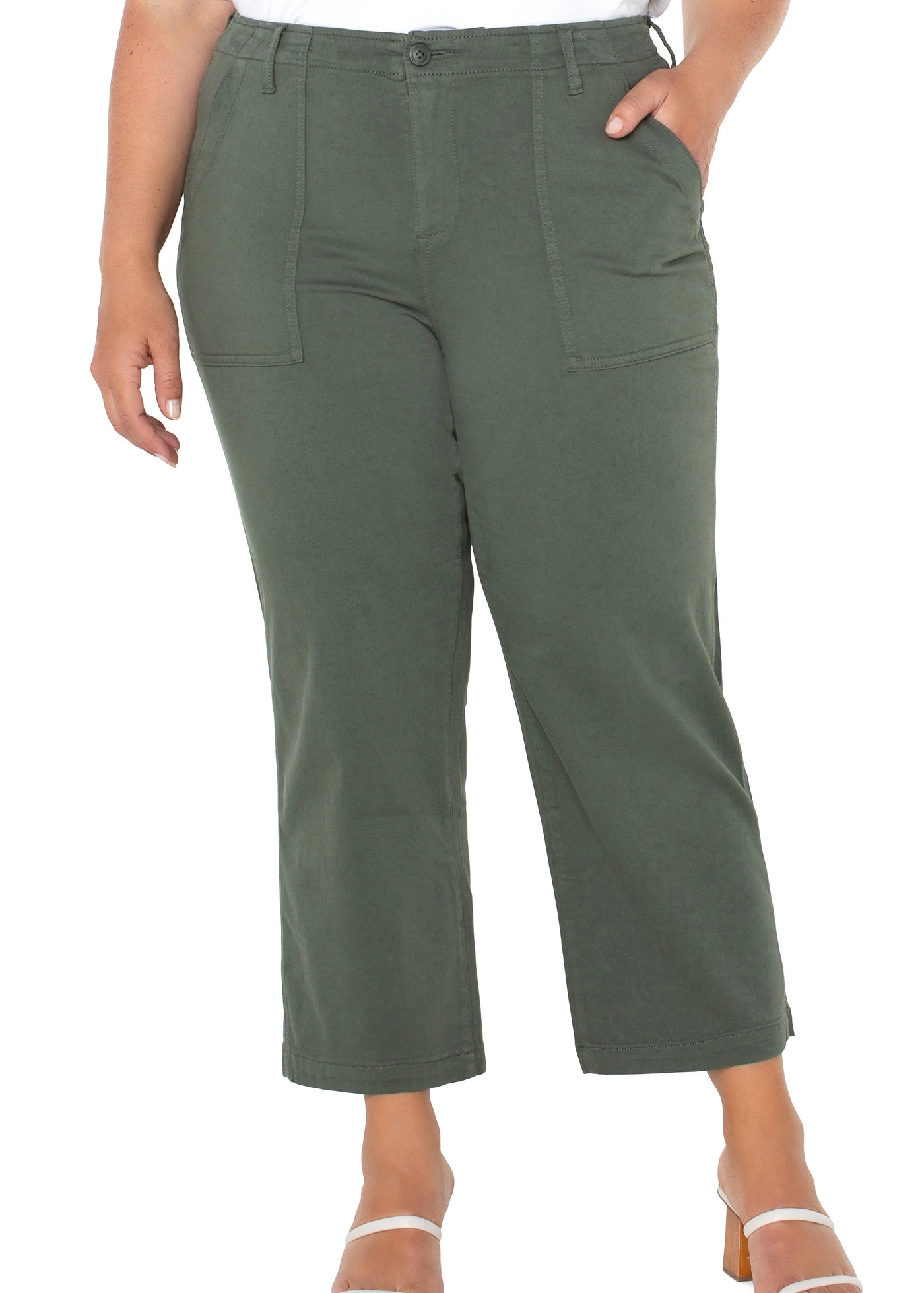 front view of plus size Liverpool Cargo Crop Wide Leg Pant in Martini Olive