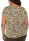 back view of plus size Liverpool Sleeveless Shoulder Pleat Boat Neck Knit Top in Green Multi Animal