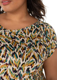 close up front view of plus size Liverpool Sleeveless Shoulder Pleat Boat Neck Knit Top in Green Multi Animal