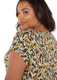 close up side view of plus size Liverpool Sleeveless Shoulder Pleat Boat Neck Knit Top in Green Multi Animal
