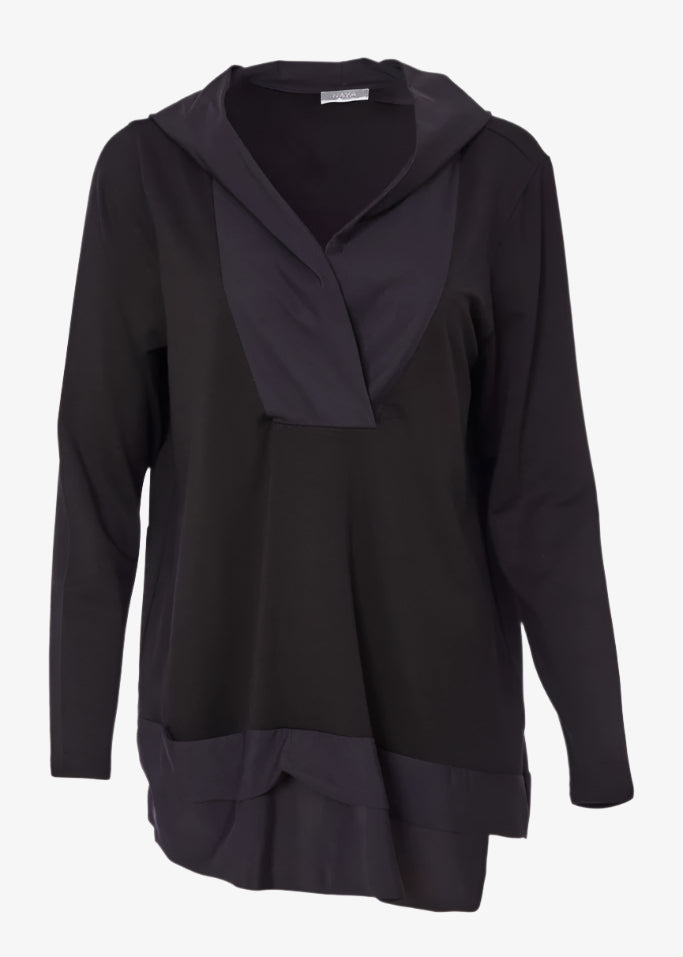 Naya Long Sleeve Popover Hoody with Taffeta Trim in Black