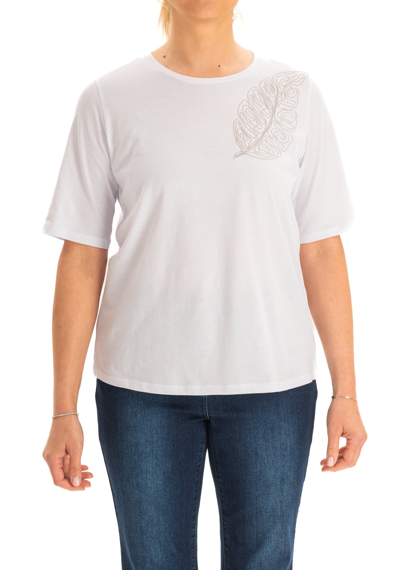 front view of plus size Luisa Viola Short Sleeve Tee with Leaf Motif in White