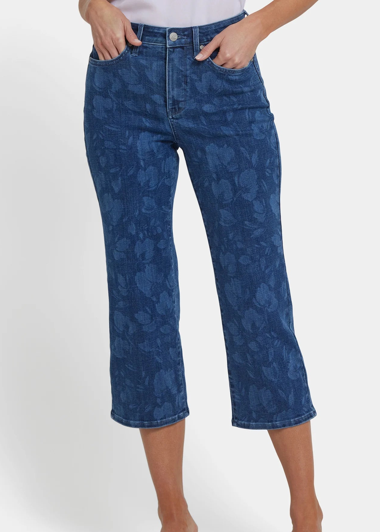 front view of NYDJ plus size Joni High Rise Relaxed stretch Carpi in Indigo Print