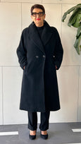 Junge Wool Blend Reefer Coat with Notch Collar and Raglan Sleeve in Black