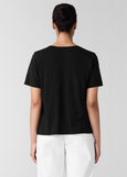 back view of plus size Eileen Fisher Organic Cotton Slubby Jersey V-Neck Short Sleeve Tee in Black
