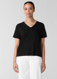 front view of plus size Eileen Fisher Organic Cotton Slubby Jersey V-Neck Short Sleeve Tee in Black
